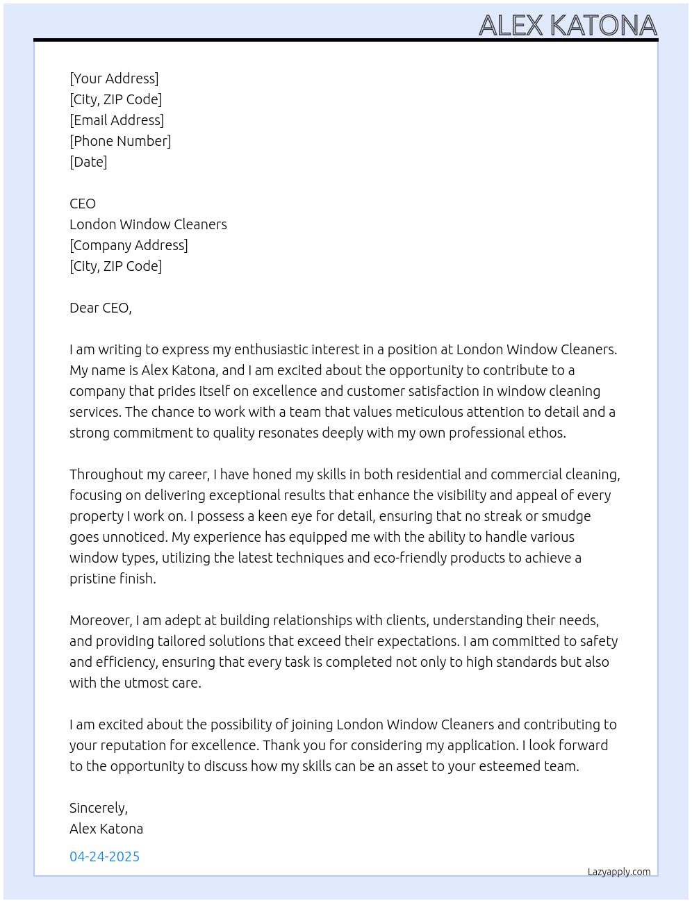 Cover letter for london window cleaners employee - LazyApply