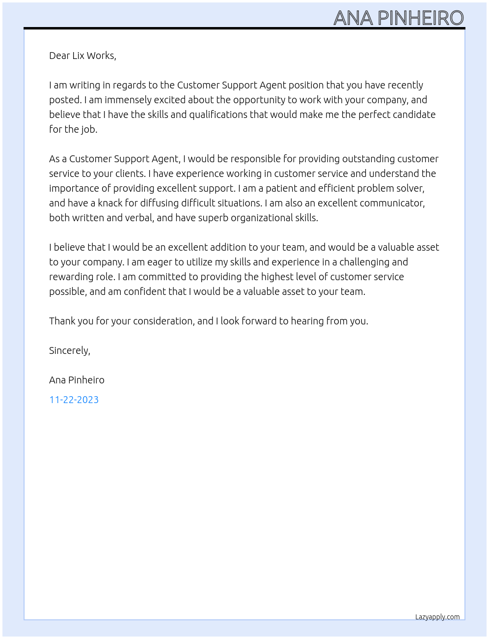 Customer Support Agent At Lix Works Cover Letter