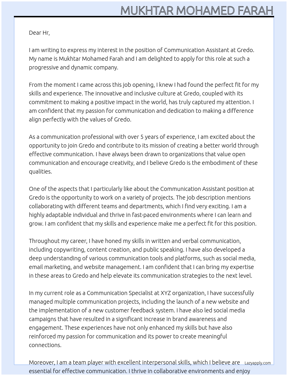 communication assistant At Gredo Cover Letter