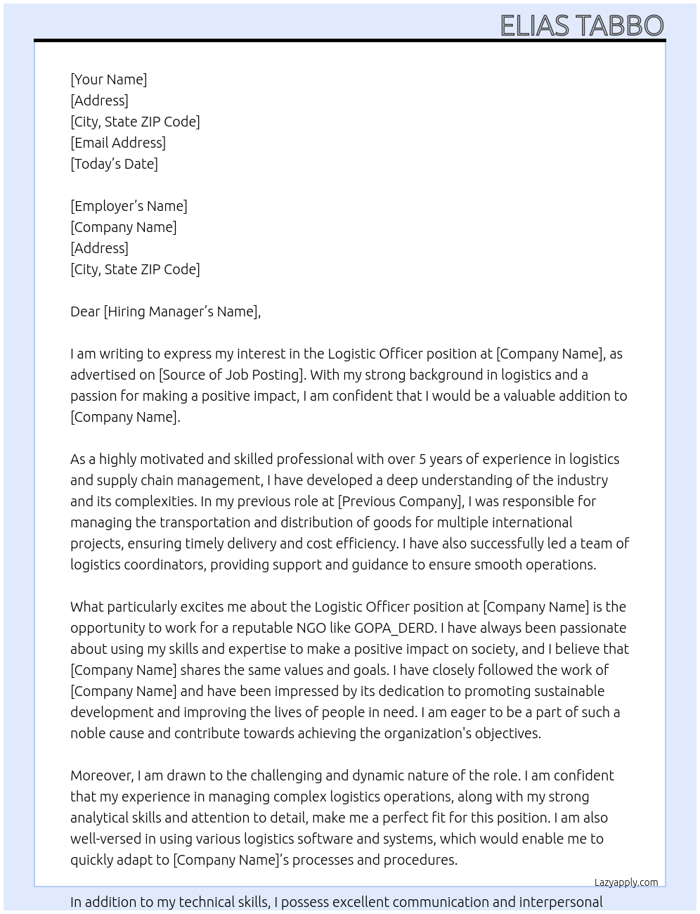 Logistic officer At NGO: GOPA_DERD Cover Letter