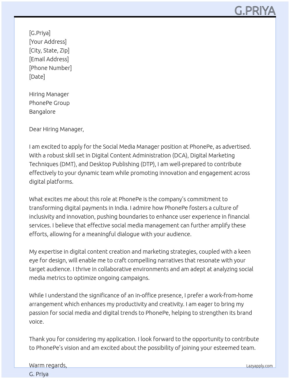 Social media manager At Phonepe Cover Letter