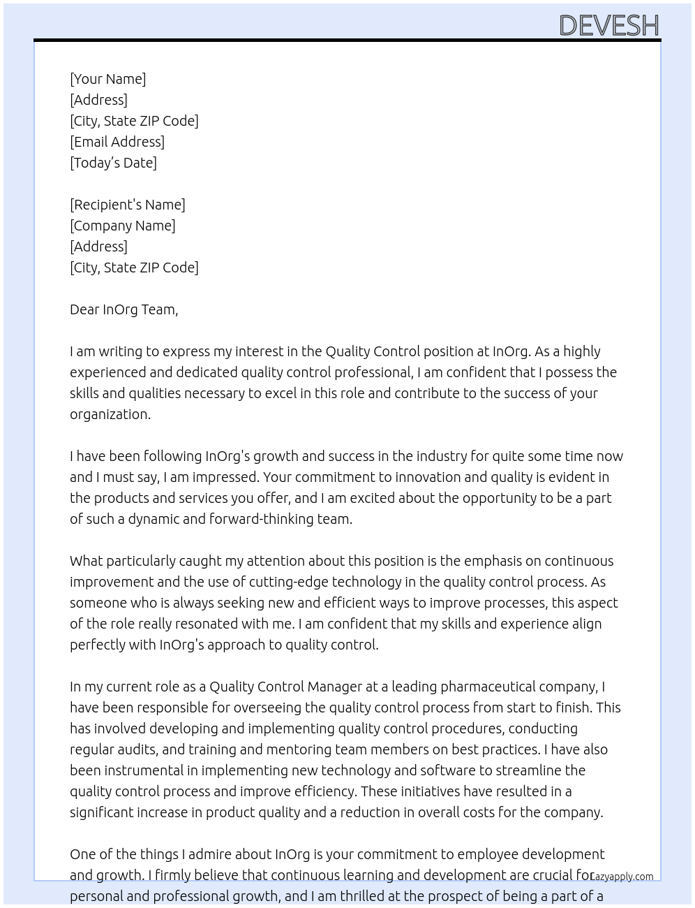 Quality control At InOrg Cover Letter