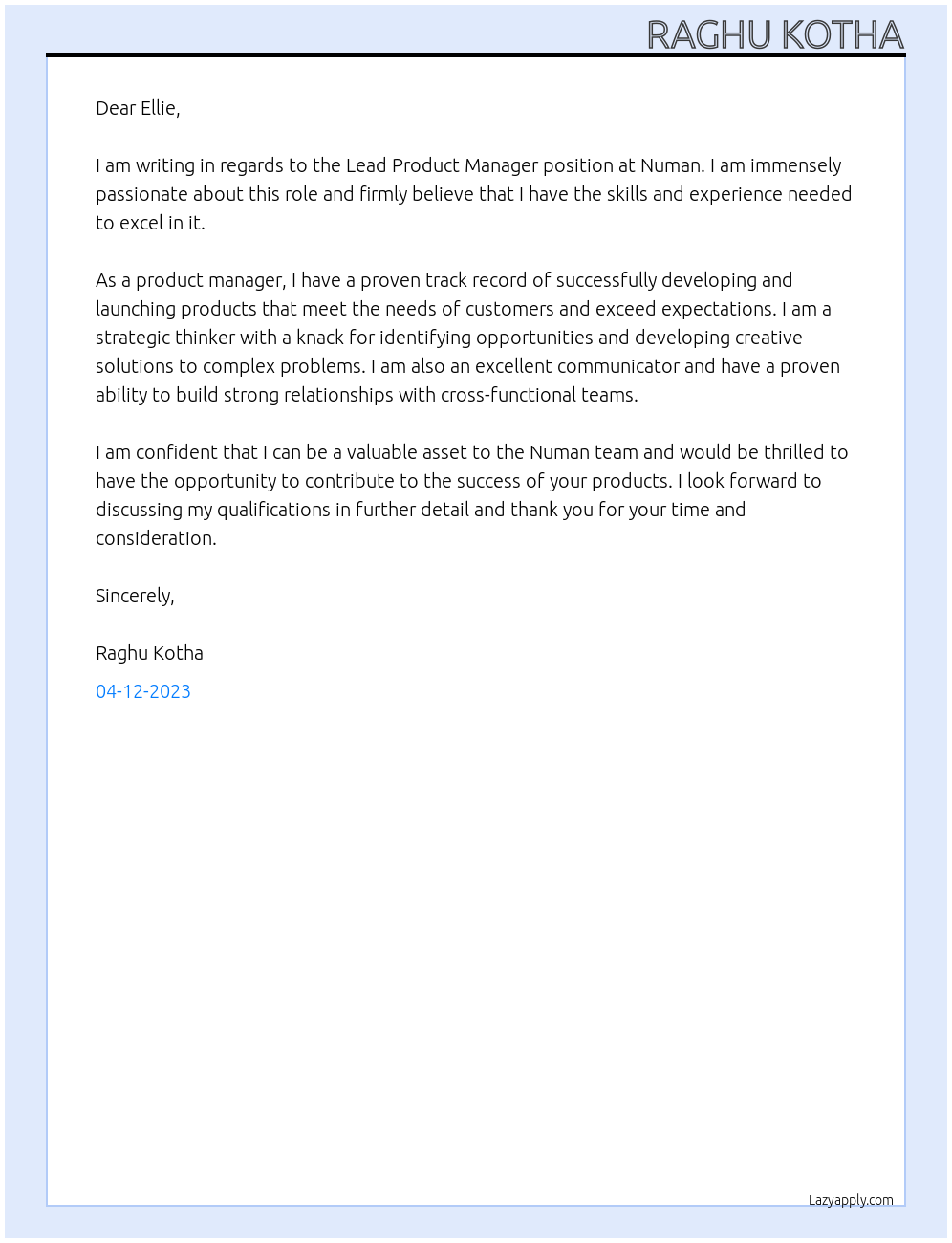 Lead Product Manager At Numan Cover Letter