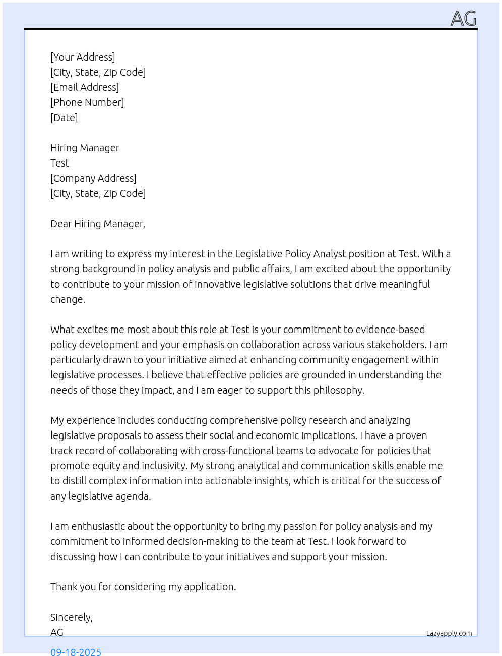 Legislative Policy Analyst At Test Cover Letter