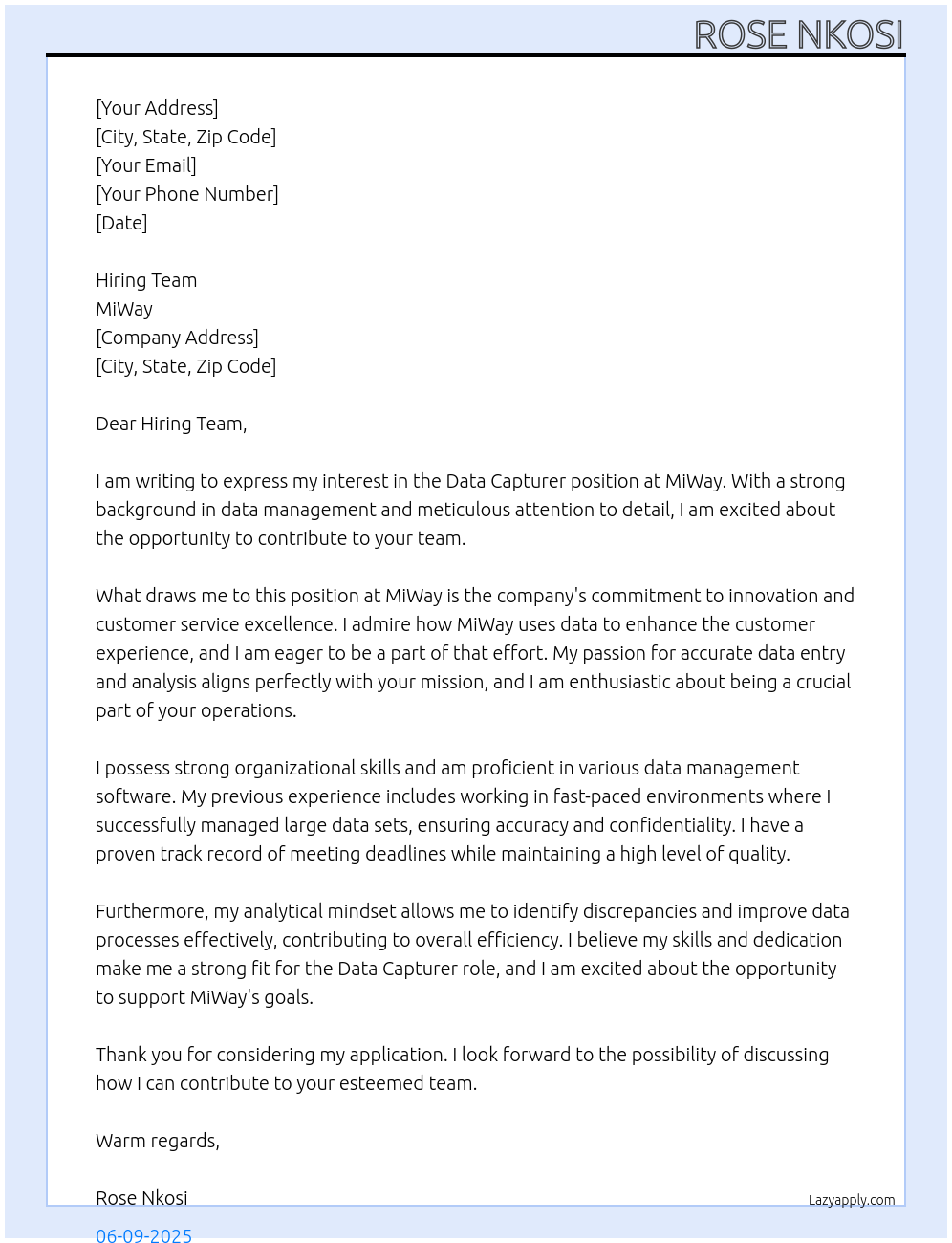 Data Capturer At miway Cover Letter