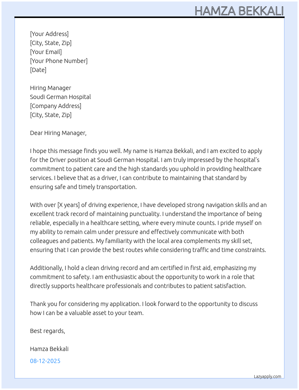 Driver  At Soudi German hospital  Cover Letter