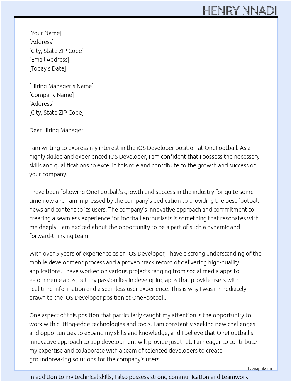 iOS Developer At OneFootball Cover Letter