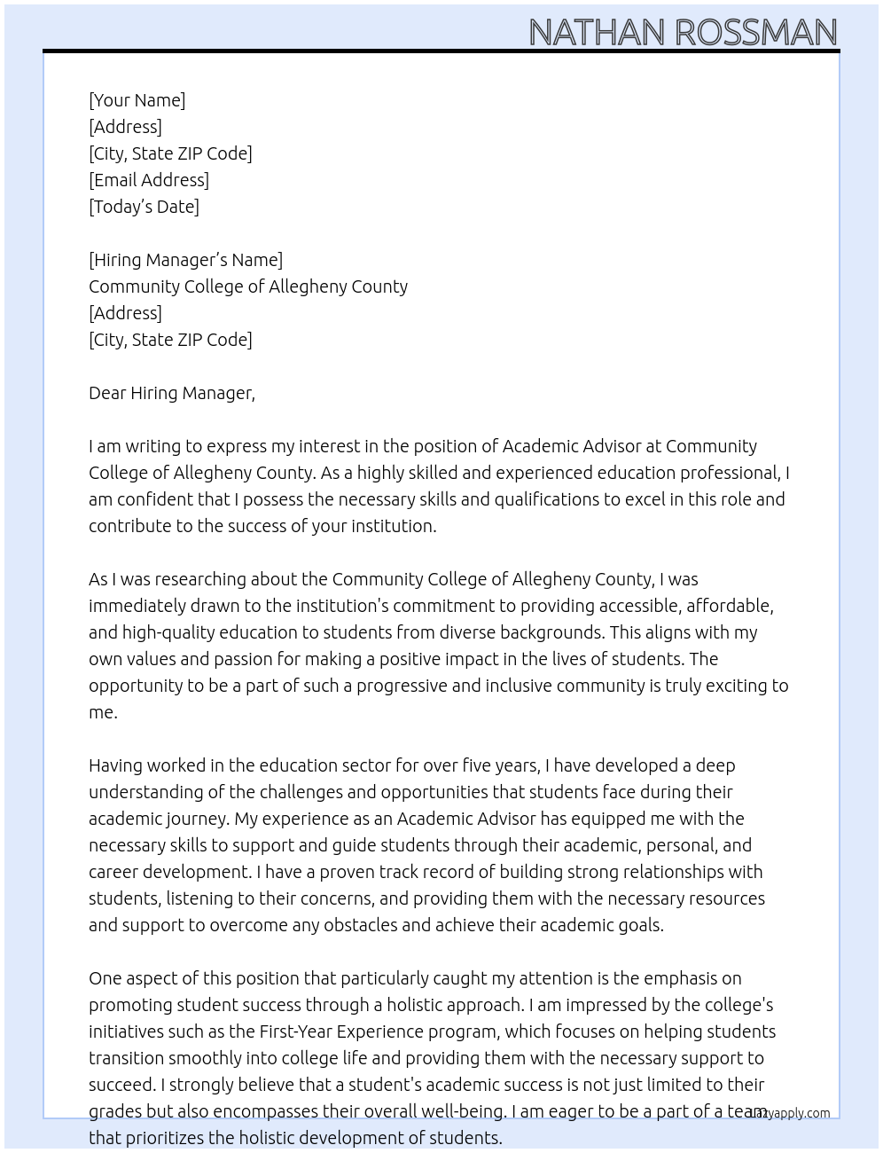 Academic Advisor At Community College of Allegheny County Cover Letter