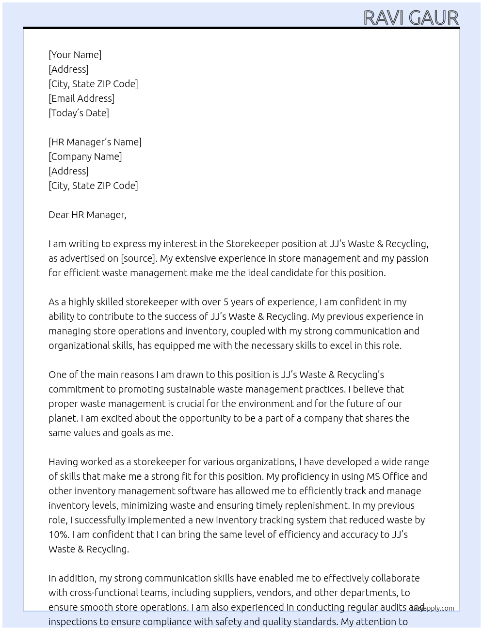 Store keeper At JJ's waste & recycling Cover Letter