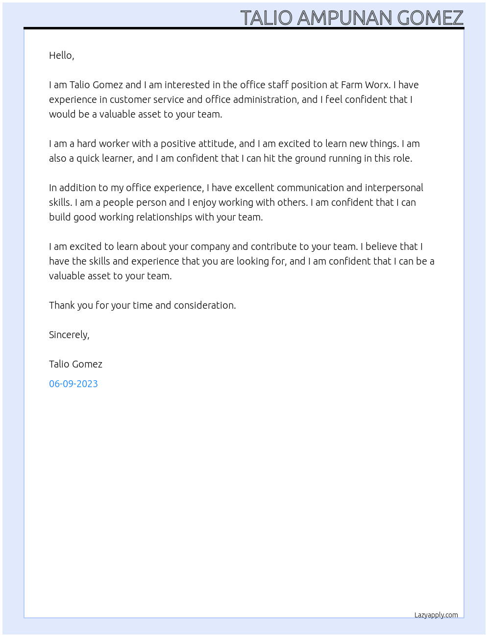 Office staff At Farm worx Cover Letter