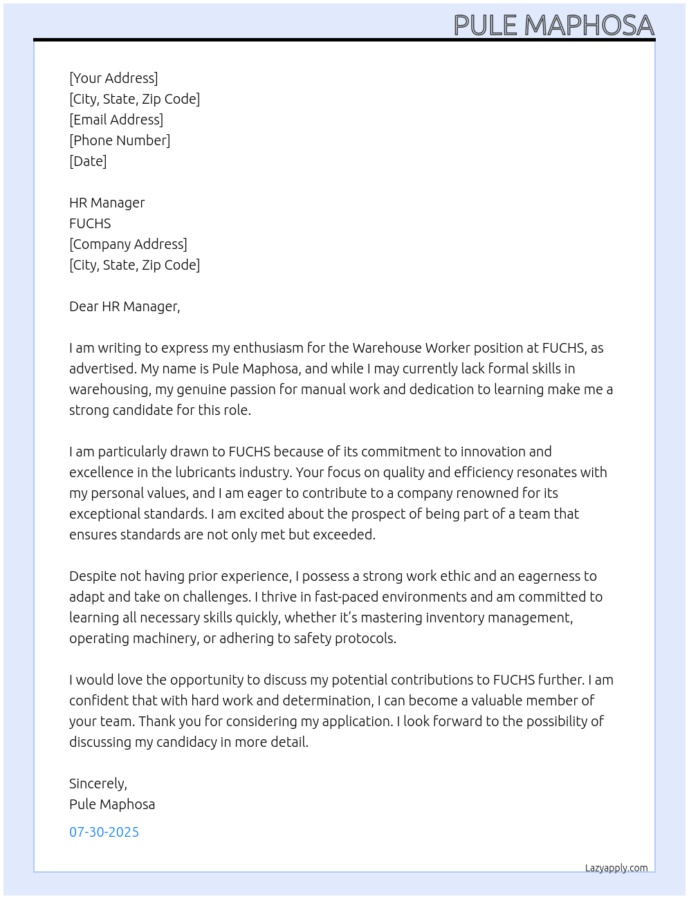 Cover letter for warehouse worker - LazyApply
