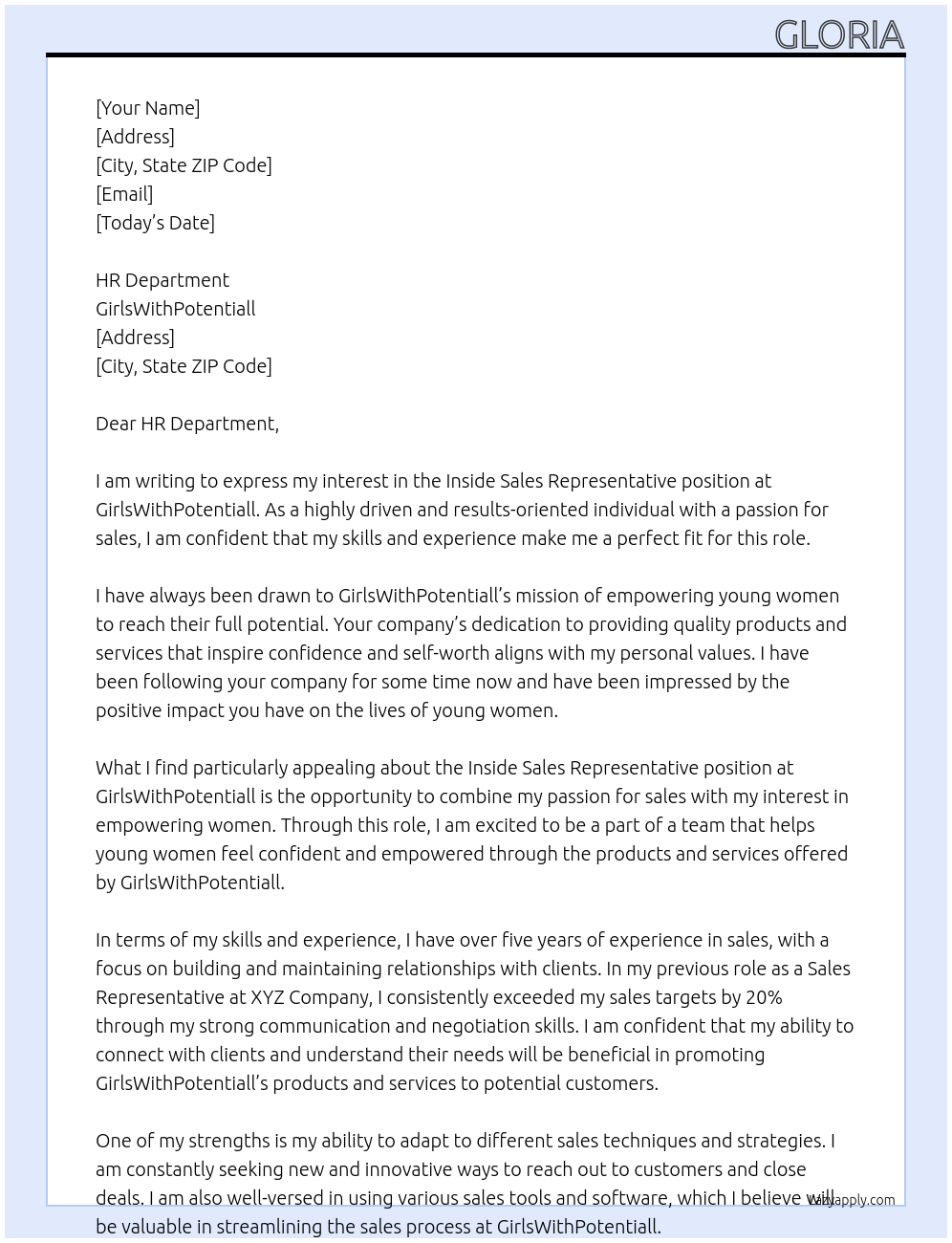 INSIDE SALES REPRESENTATIVE At girlswithpotentiall Cover Letter