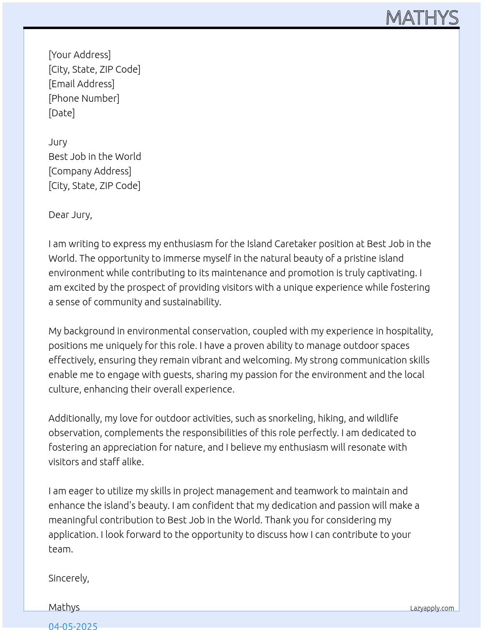 Island Caretaker At Best Job in the World Cover Letter