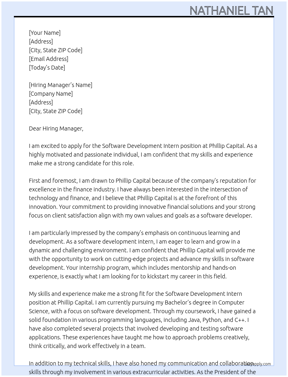 Cover letter for software development intern - LazyApply
