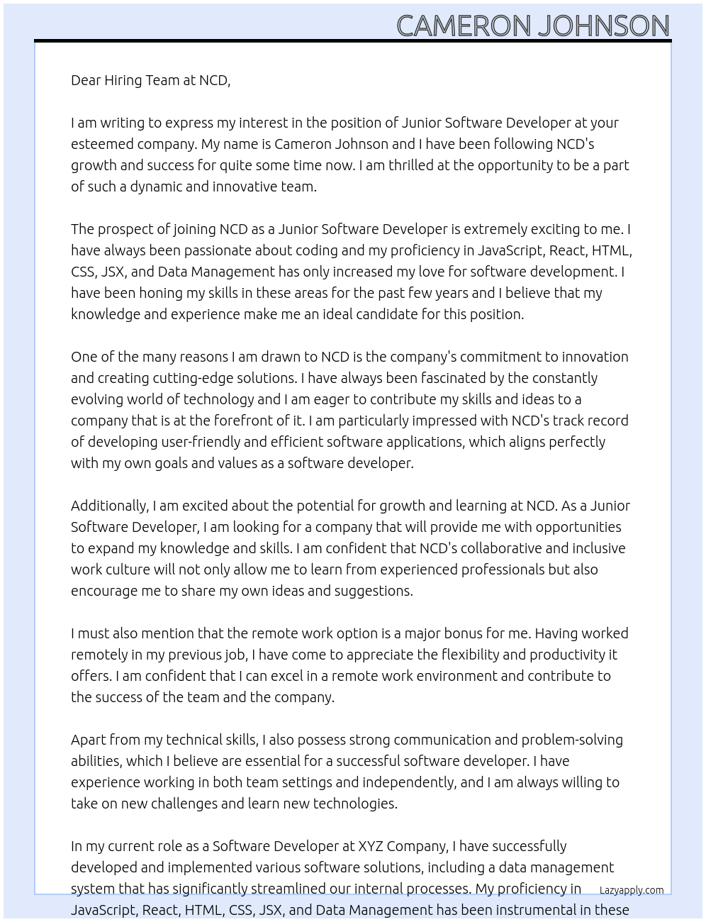 Junior Software Developer At NCD Cover Letter