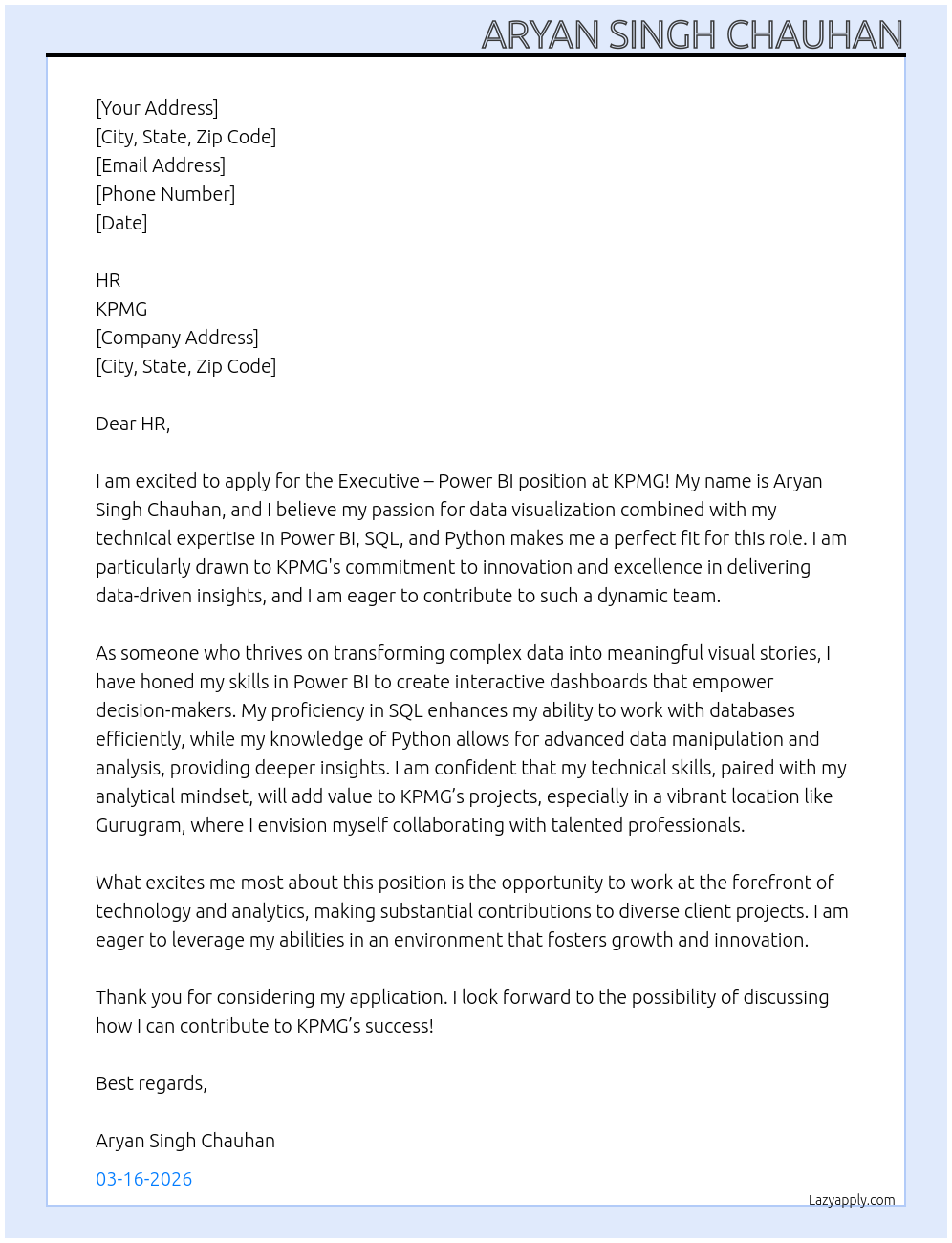 Executive - Power BI At KPMG Cover Letter