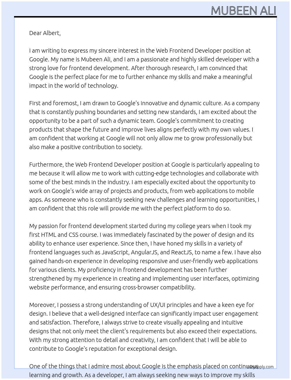 Web Frontend Developer At google Cover Letter
