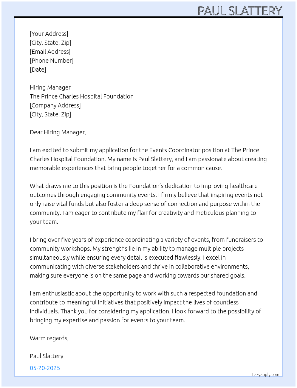 Cover letter for events co-ordinator - LazyApply
