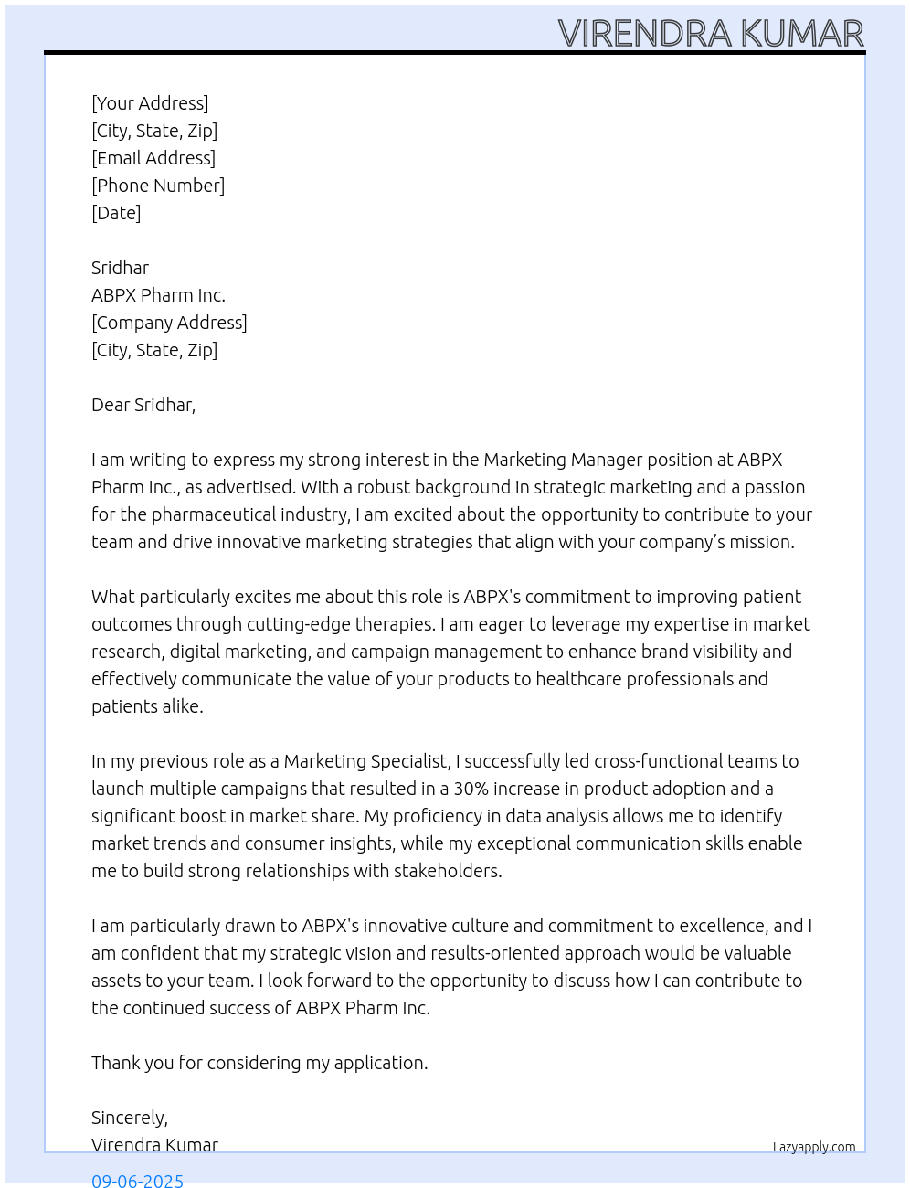 marketing manager At abpx pharm inc Cover Letter