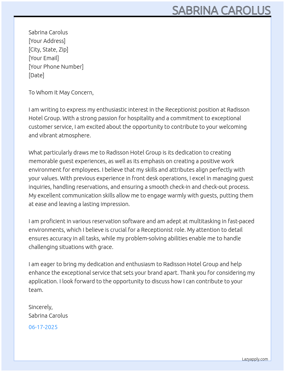 Receptionist At Radisson Hotel Group Cover Letter