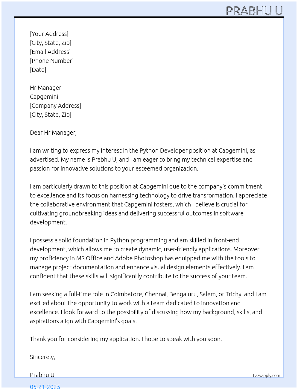 Python developer At Capgemini Cover Letter