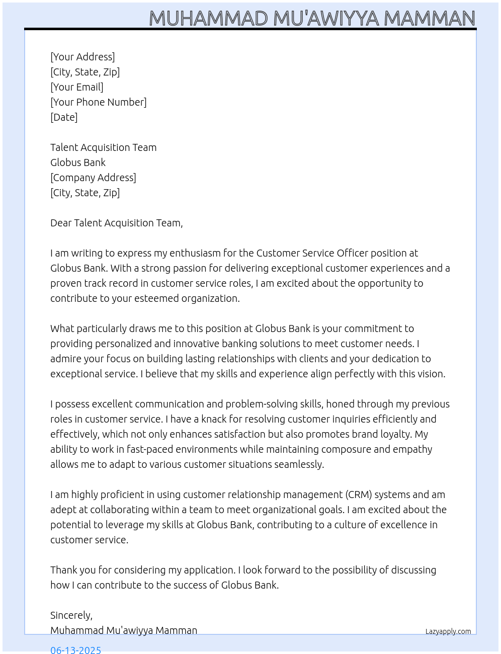 Customer Service Officer At Globus Bank Cover Letter