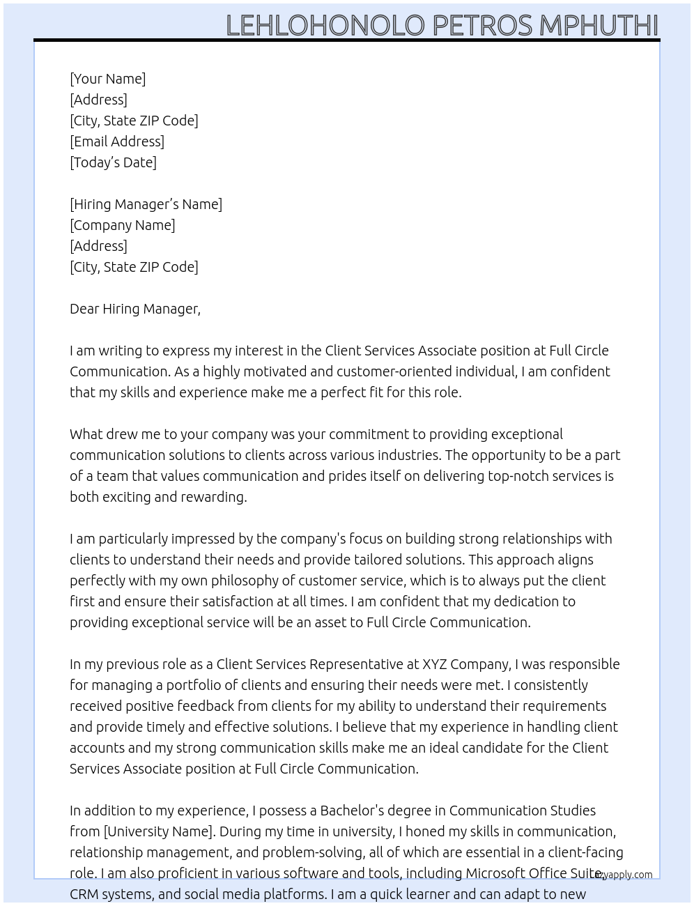 Cover letter for client services associate - LazyApply