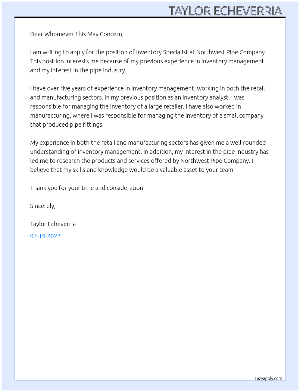 Inventory Specialist At Northwest Pipe Company Cover Letter