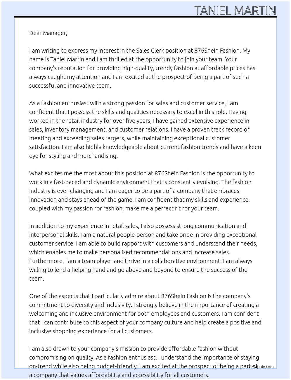 Sales Clerk At 876Shein Fashion Cover Letter