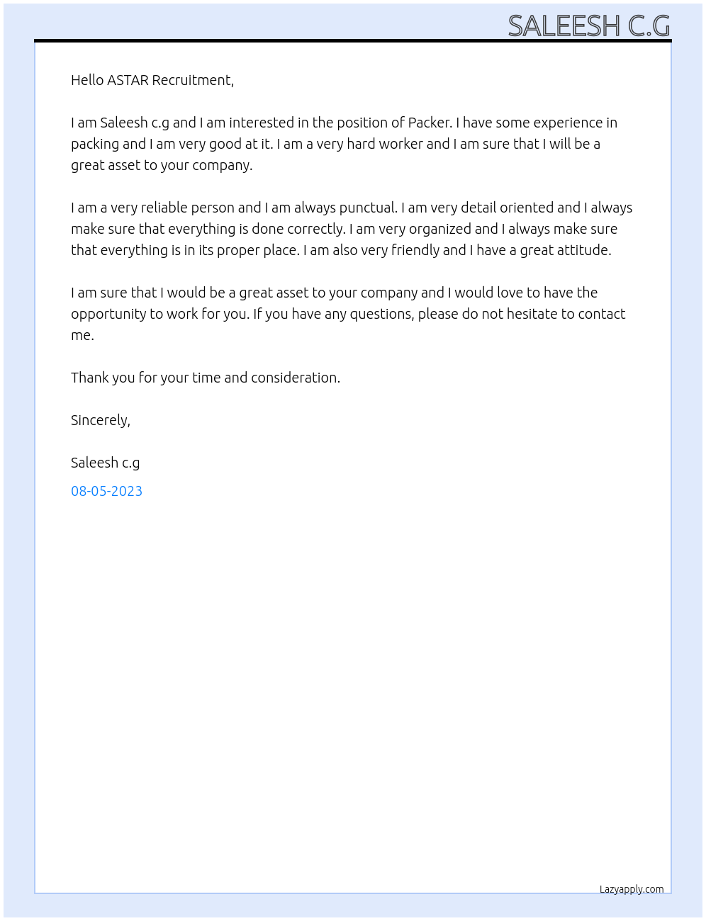 Packer At ASTAR Recruitment Cover Letter