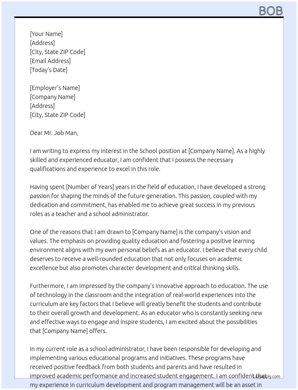 school At any company Cover Letter