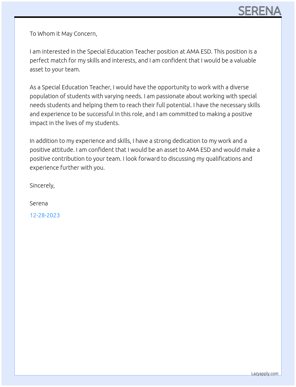 Special Education Teacher At AMA ESD Cover Letter