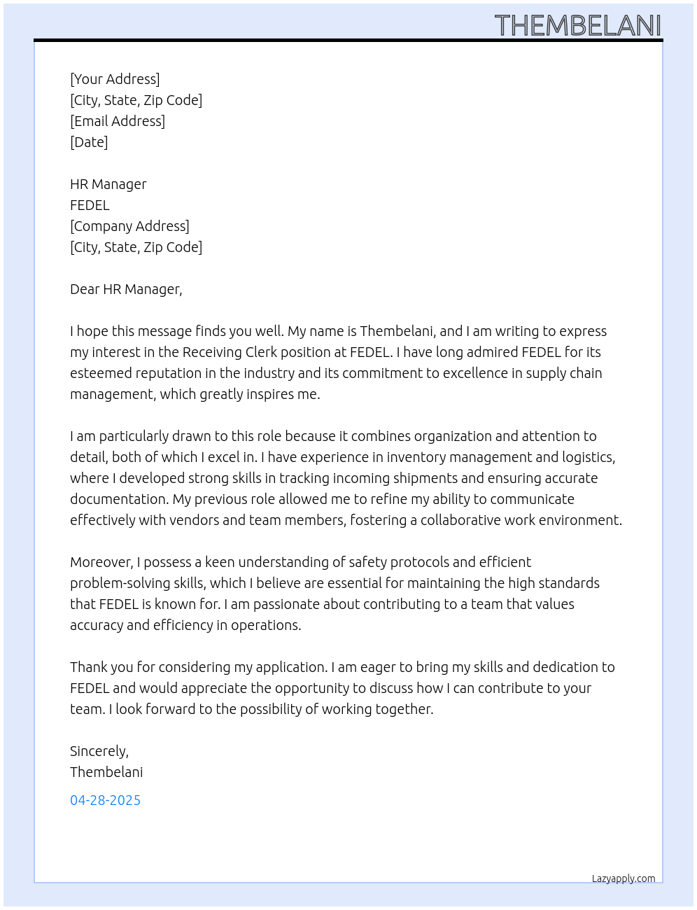 receiving clerk At FEDEL Cover Letter