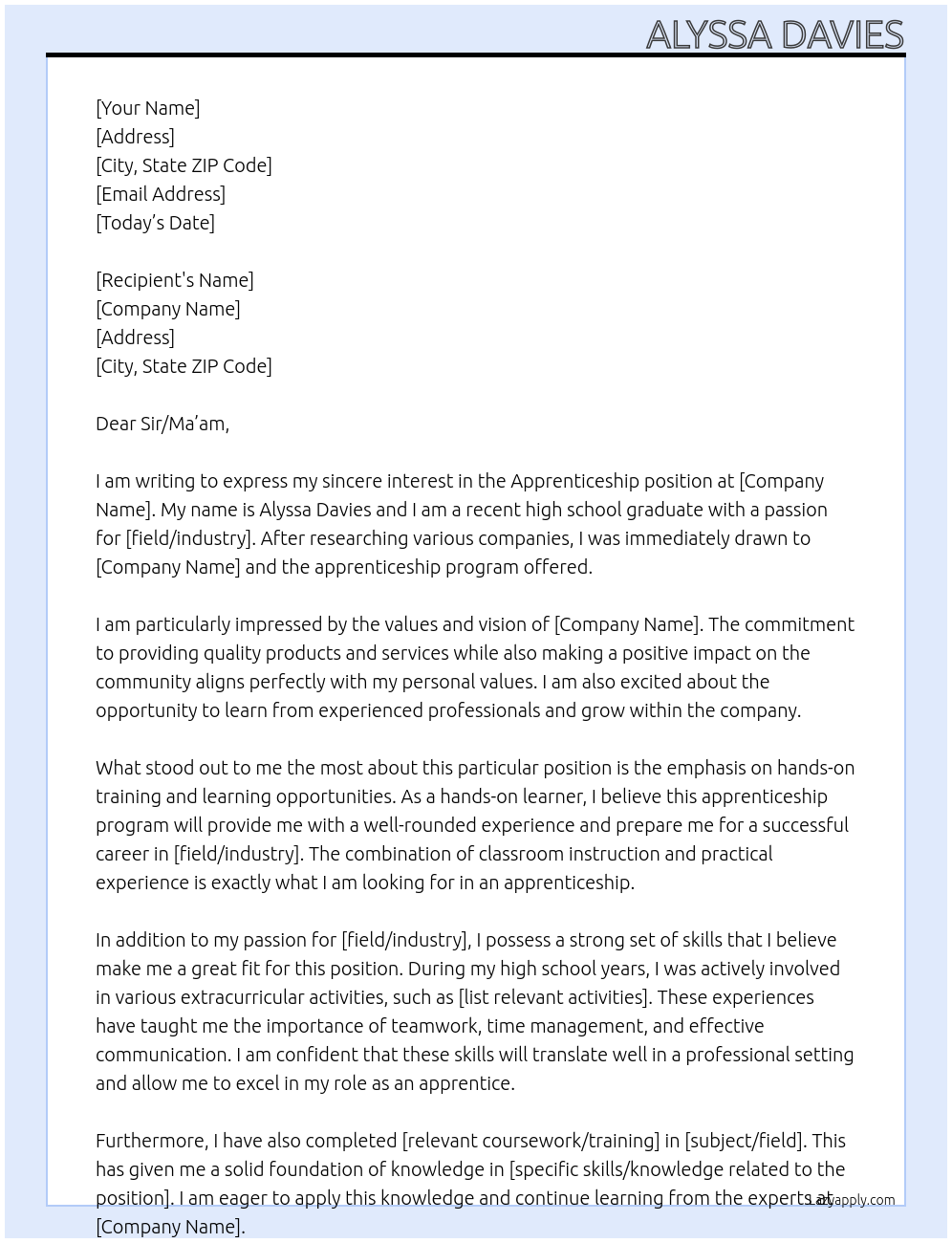 Apprentiship At This Position Cover Letter