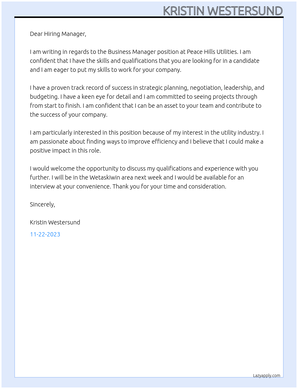 Business Manager At Peace Hills Utilites Cover Letter