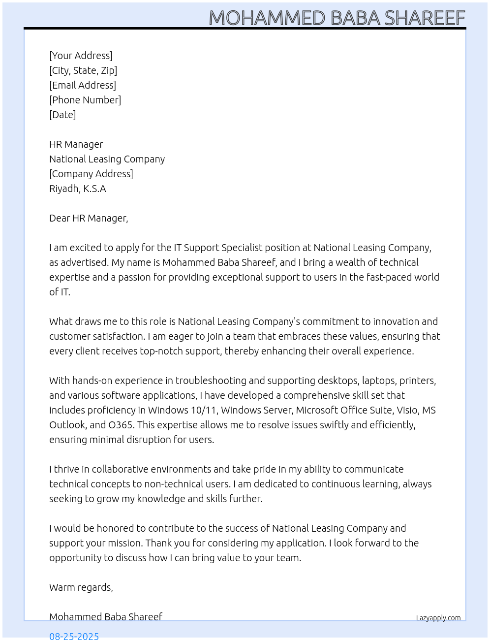 Cover letter for it support specialist - LazyApply