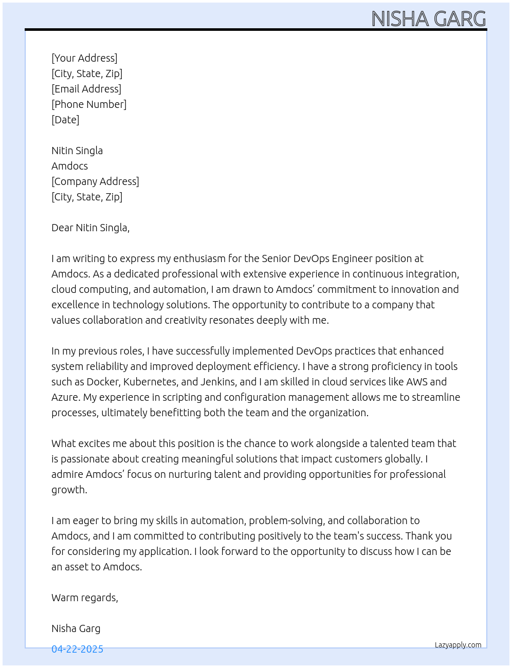 senior devops engineer At amdocs Cover Letter