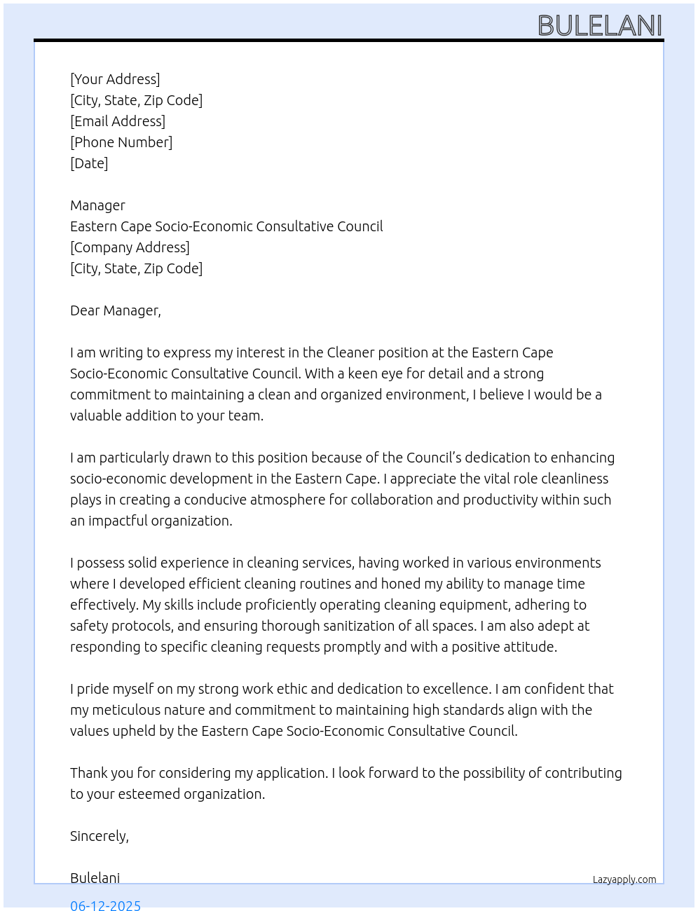 Cleaner At Eastern Cape Socio-Economic Consultative Counci Cover Letter