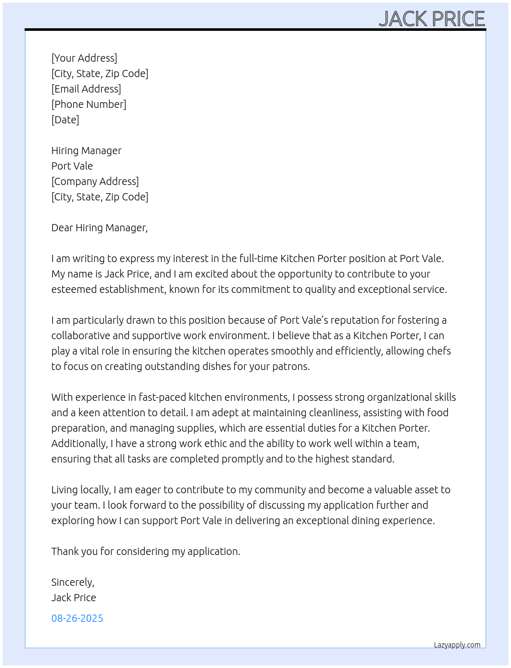 Cover letter for kitchen porter - LazyApply