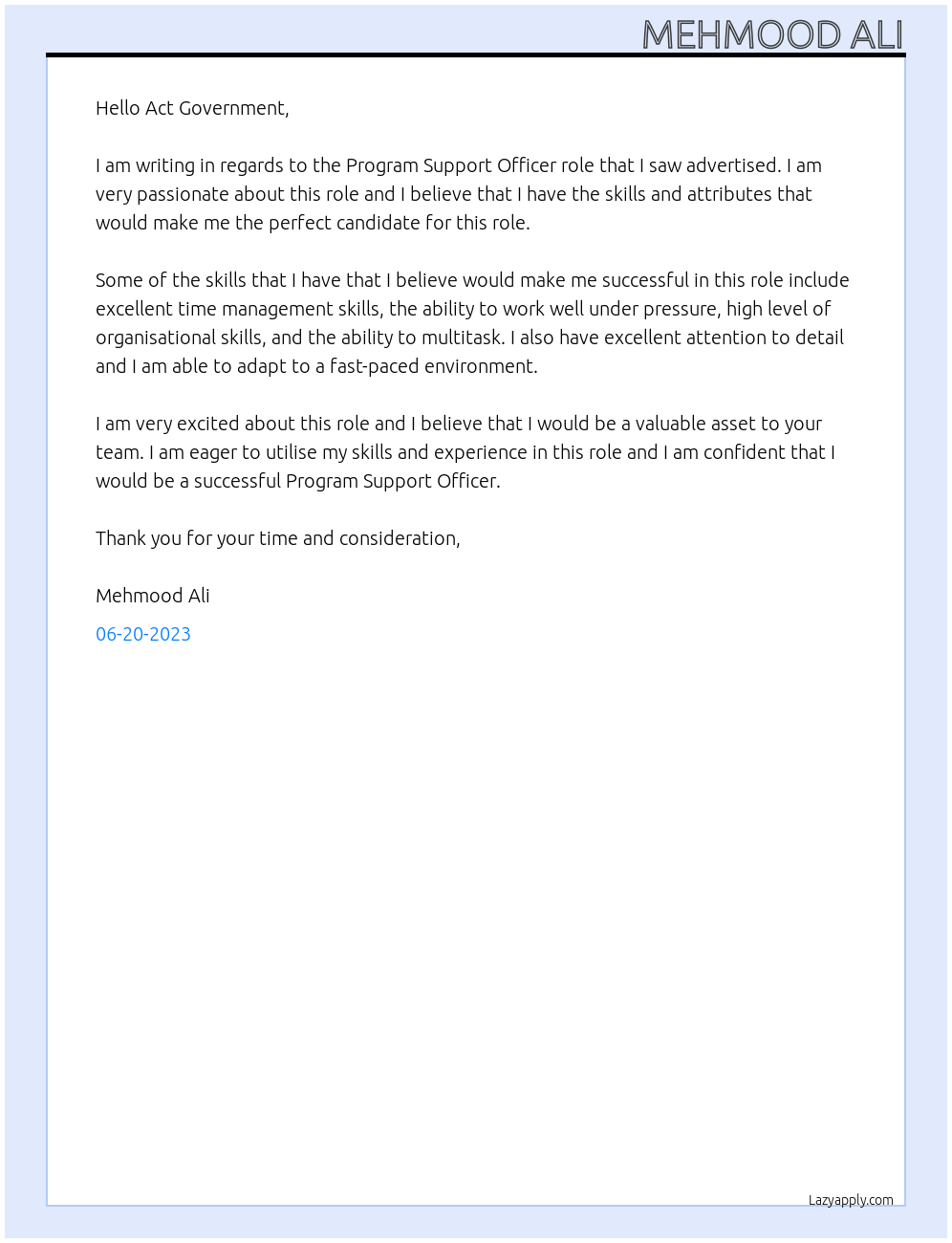 Program Support Officer At Act Government Cover Letter