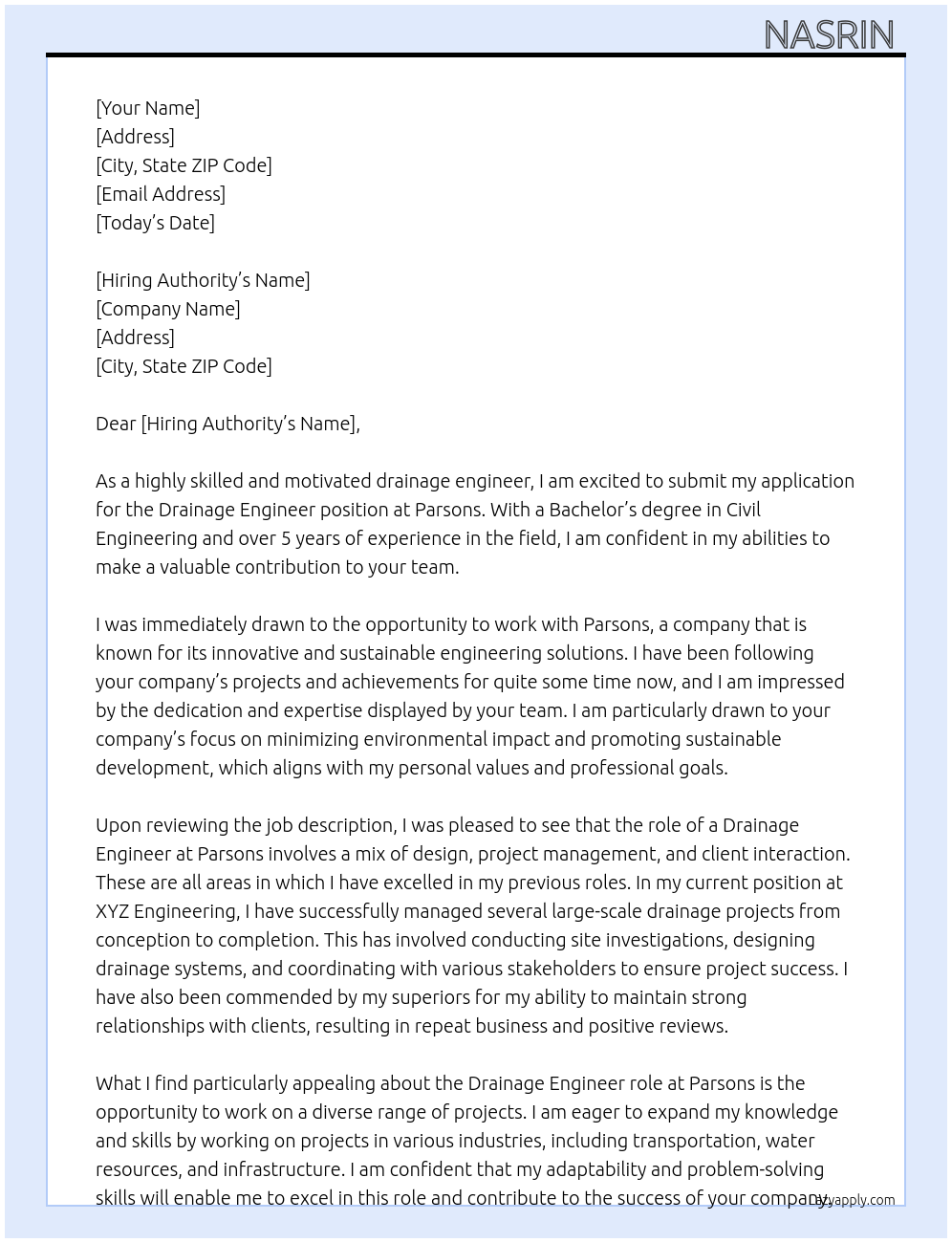 Drainage engineer  At Parsons Cover Letter