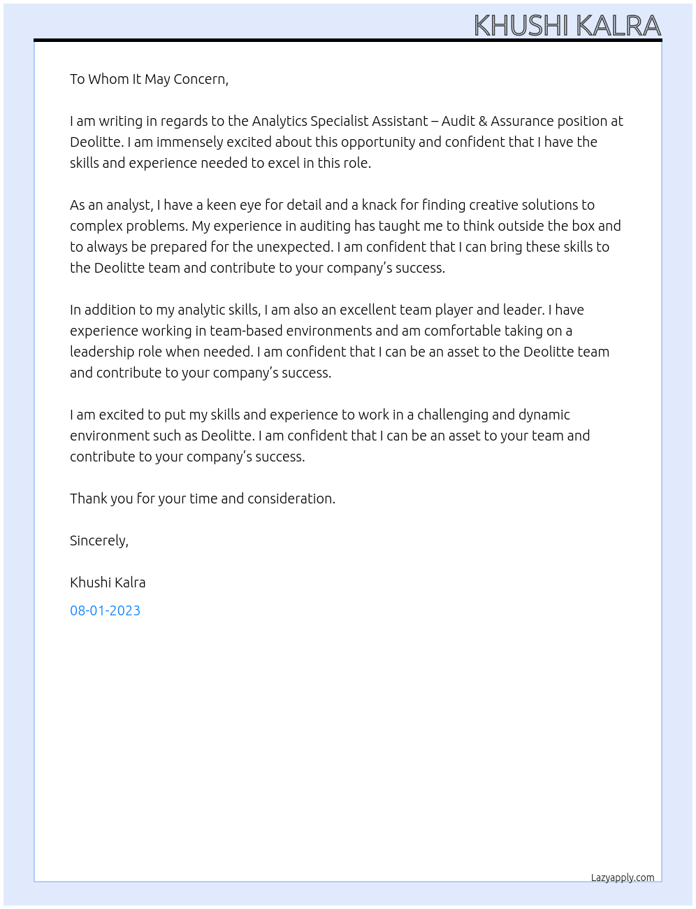 Analytics Specialist Assistant – Audit & Assurance At Deolitte Cover Letter