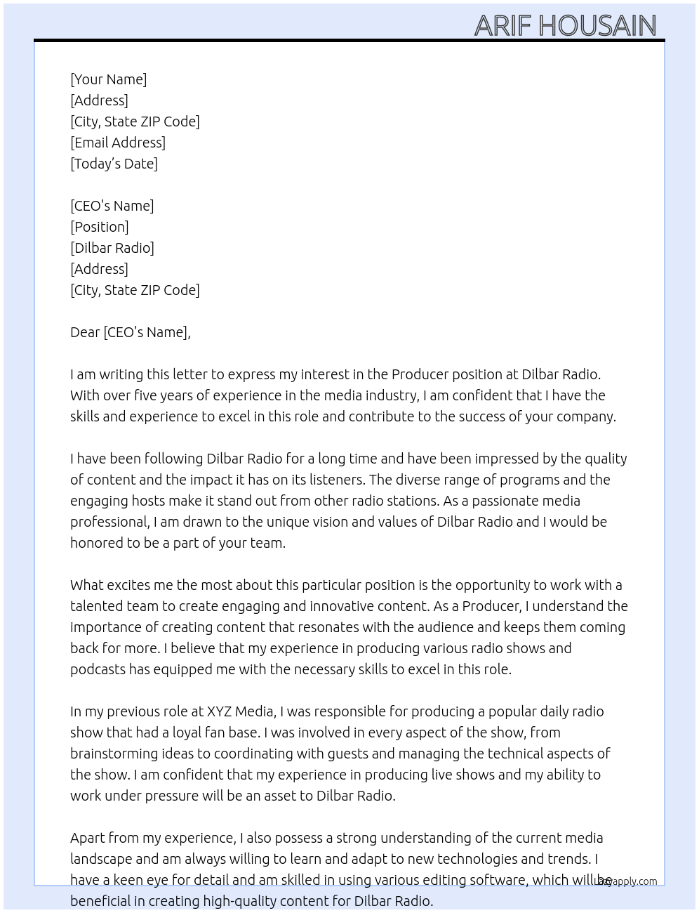 Producer At Dilbar Radio Cover Letter