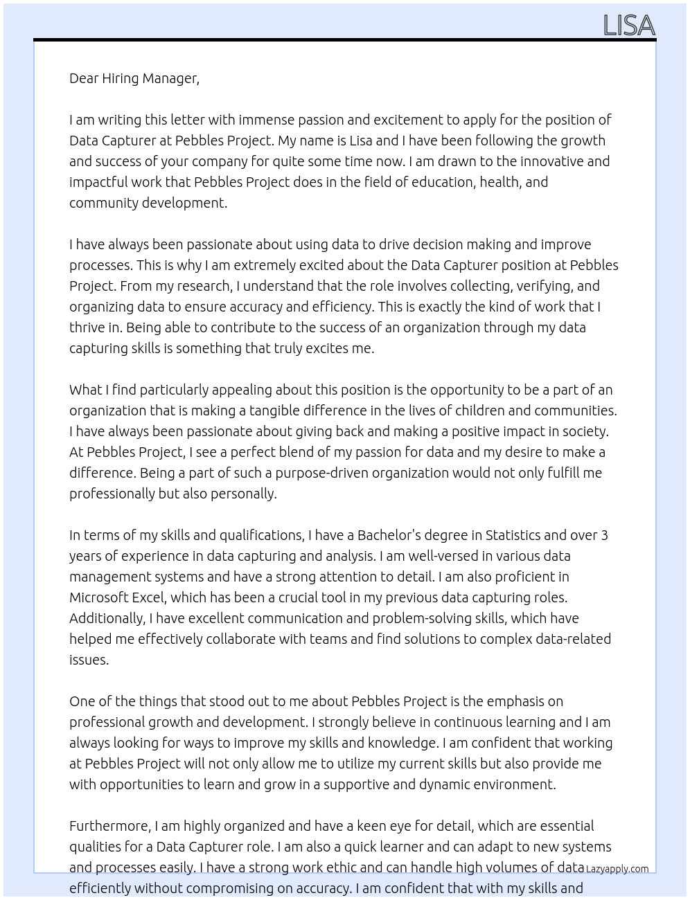 Data Capturer At Pebbles Project Cover Letter