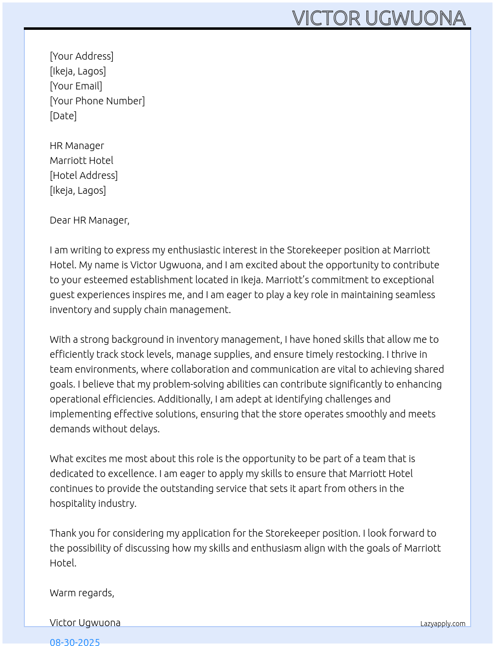 Storekeeper  At Marriot Hotel  Cover Letter