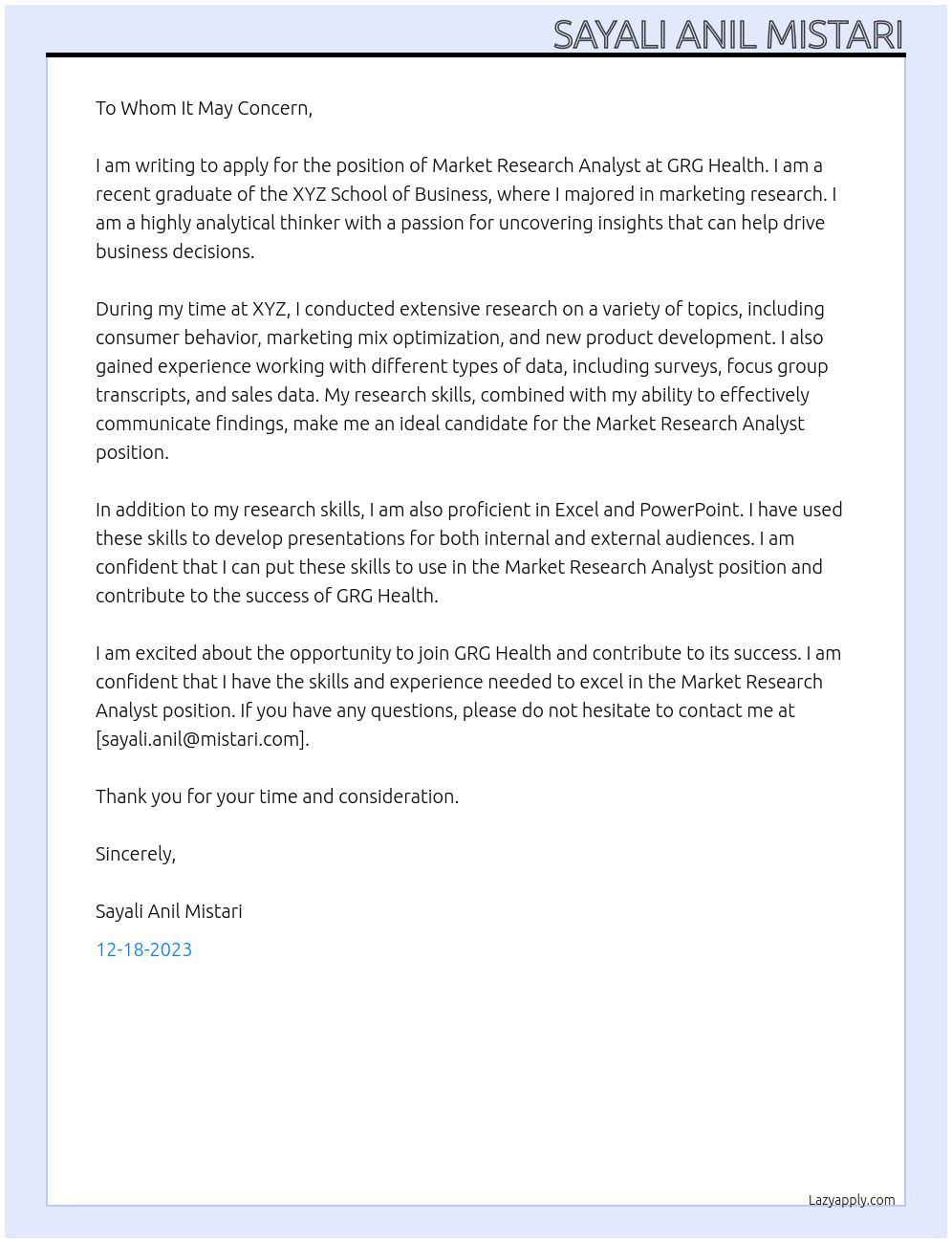 Market Research Analyst At GRG Health Cover Letter