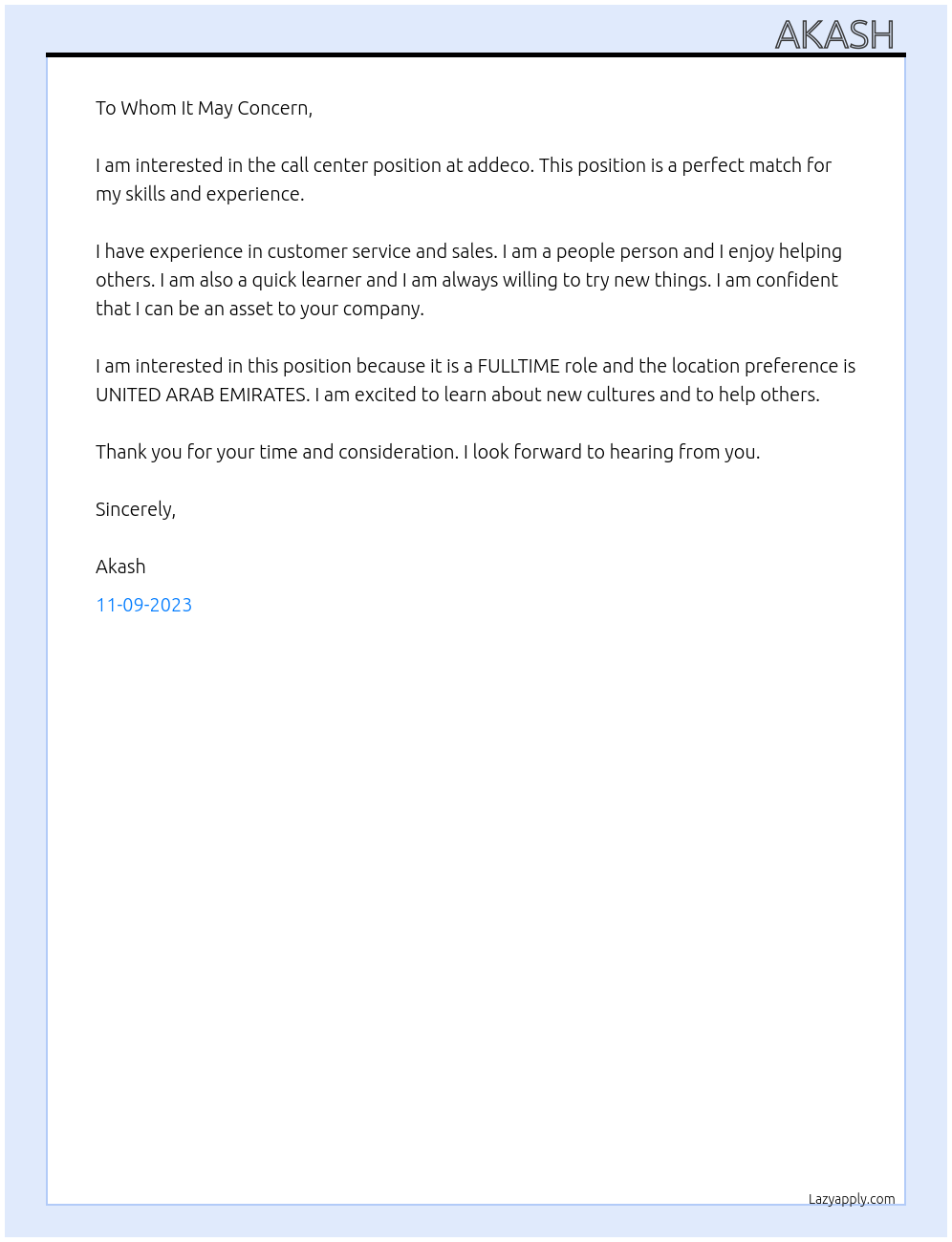 call center At addeco Cover Letter
