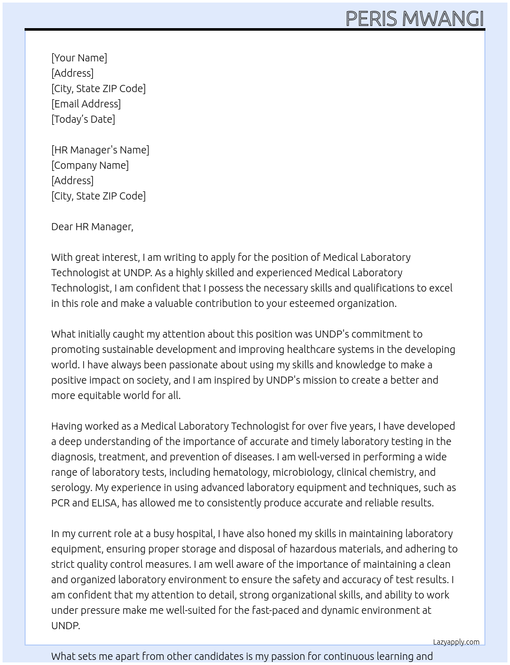 MEDICAL LABORATORY TECHNOLOGIST At UNDP Cover Letter