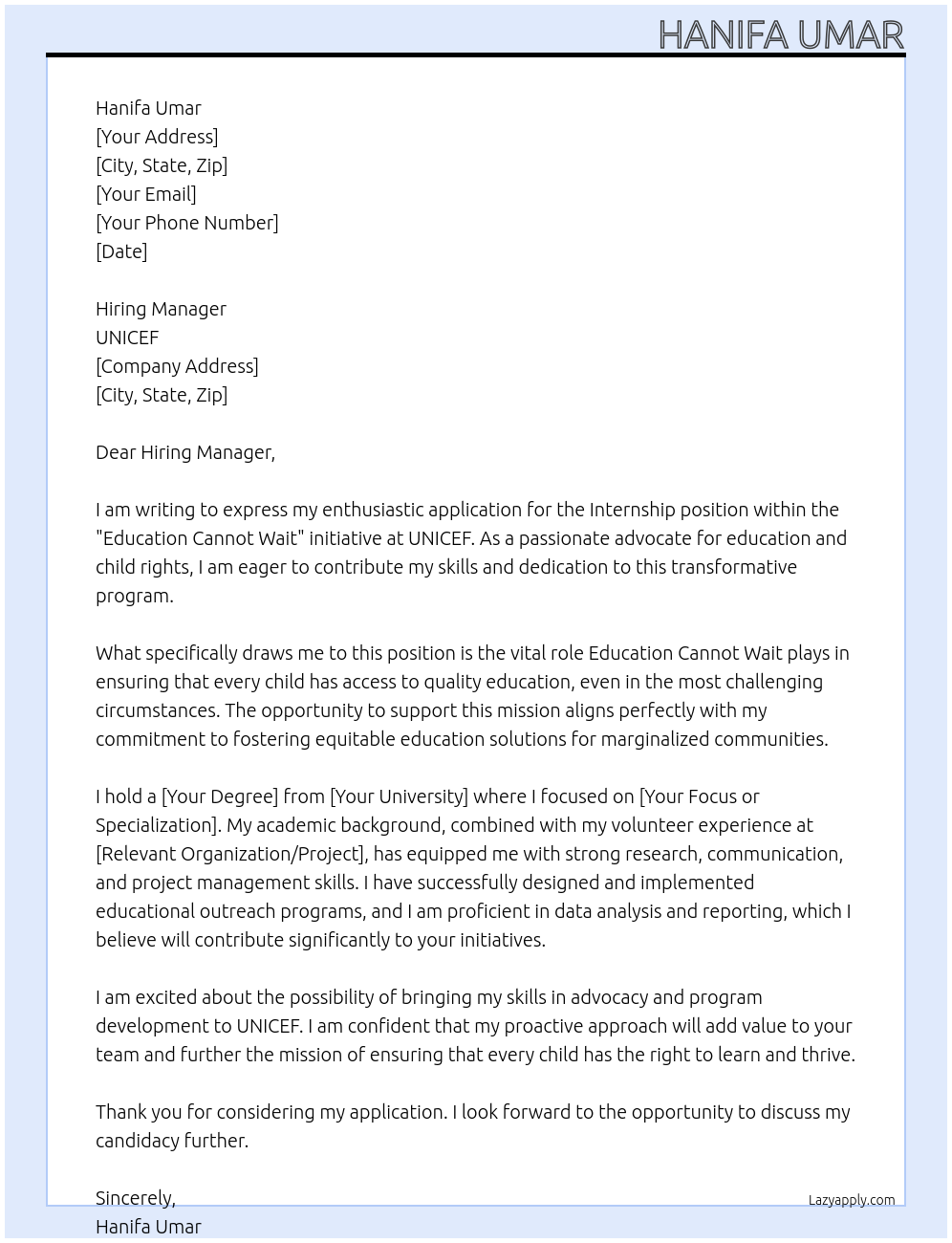 Internship education cannot wait At Unicef Cover Letter