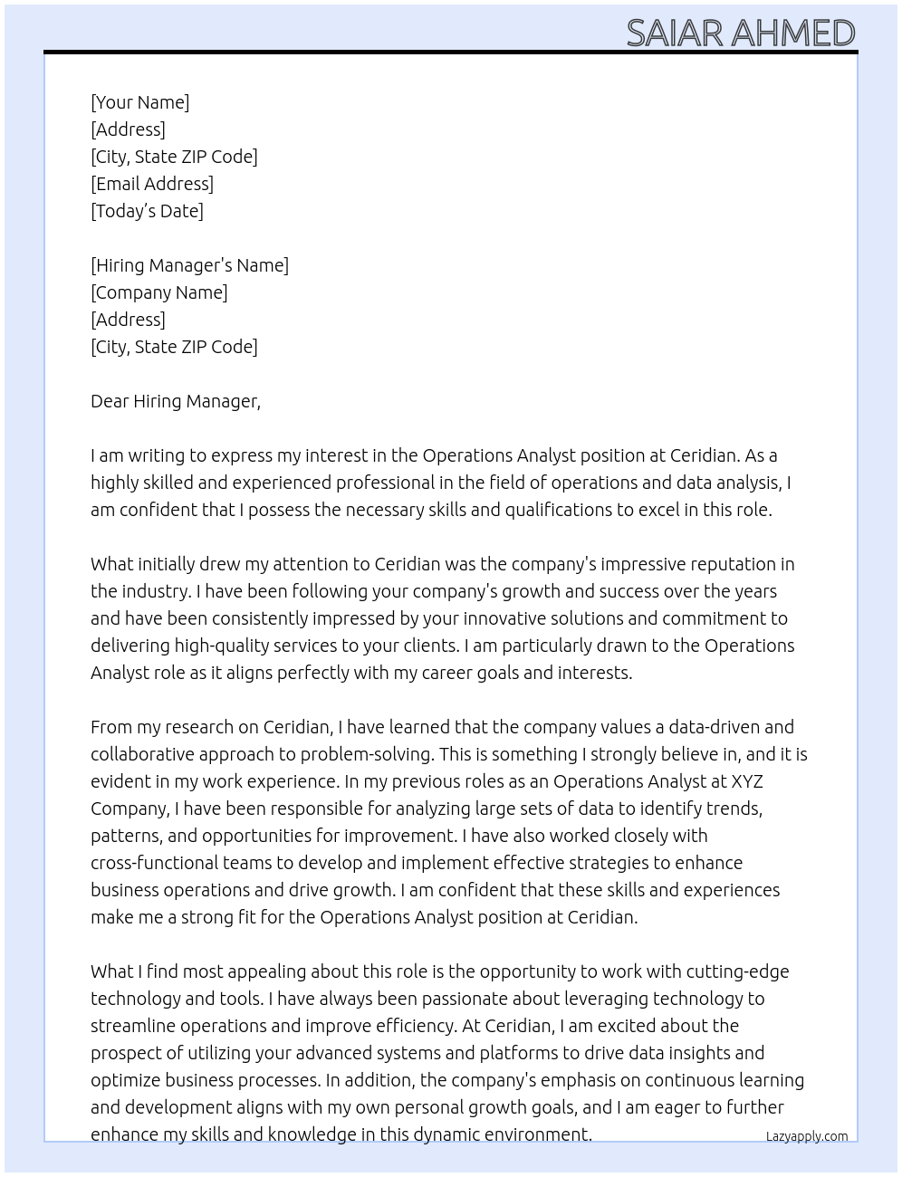 Operations Analyst At Ceridian Cover Letter